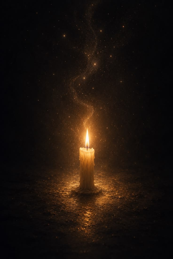A single burning candle with melted wax, casting a warm glow on a dark surface, with a trail of smoke and stars visible in the background.