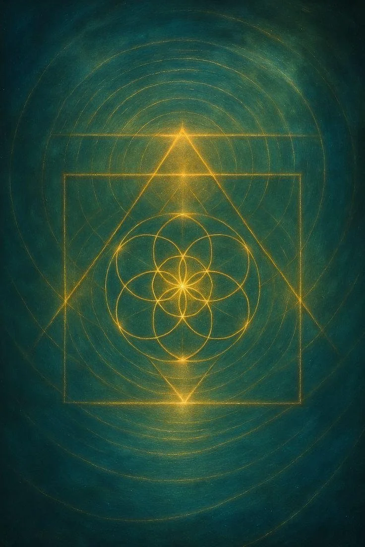 Geometric design with golden lines forming circles, triangles, and squares on a teal background, resembling sacred geometry or mystical symbols.
