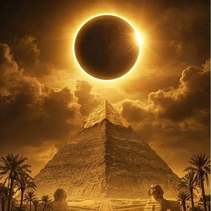 A pyramid with two Sphinx statues in front, set against a dramatic sky with clouds and an eclipse-like solar event illuminating the scene from behind.