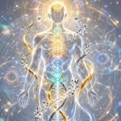 A human figure with chakras aligned along the spine. The figure is glowing with light, surrounded by cosmic and energetic symbols, indicating a spiritual or mystical theme.