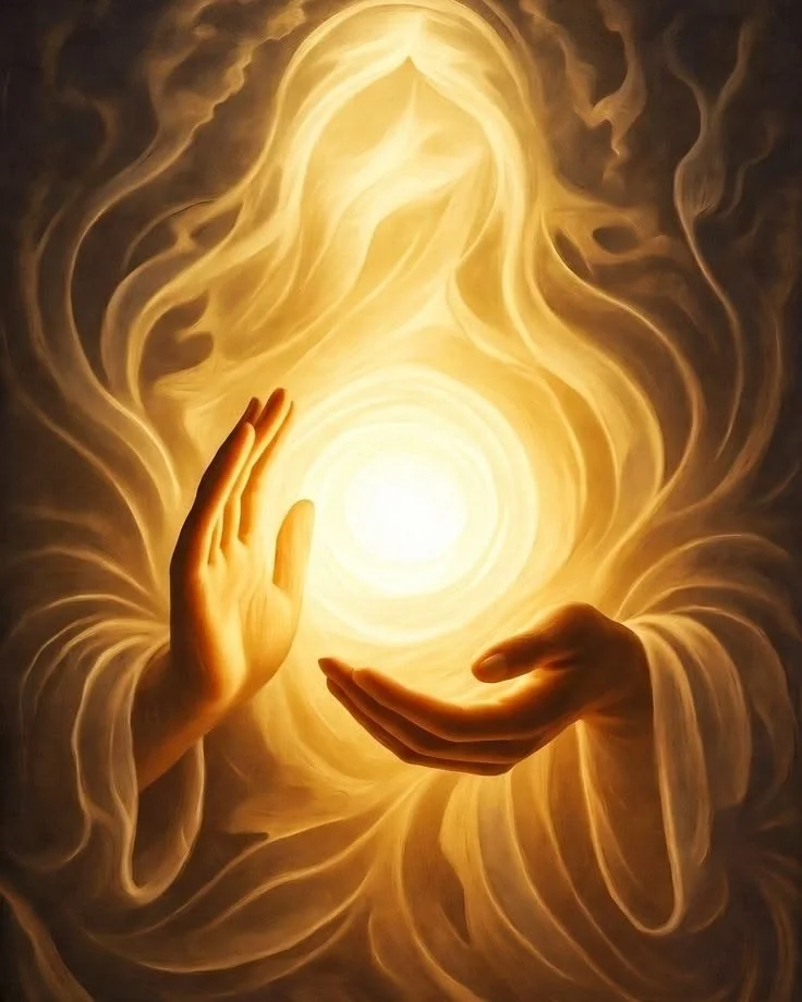 A mystical scene with two hands reaching toward a glowing, radiant orb of light surrounded by swirling, golden energy.