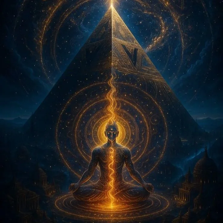 A mystical figure meditating in front of a large glowing pyramid at night with cosmic and golden energy patterns