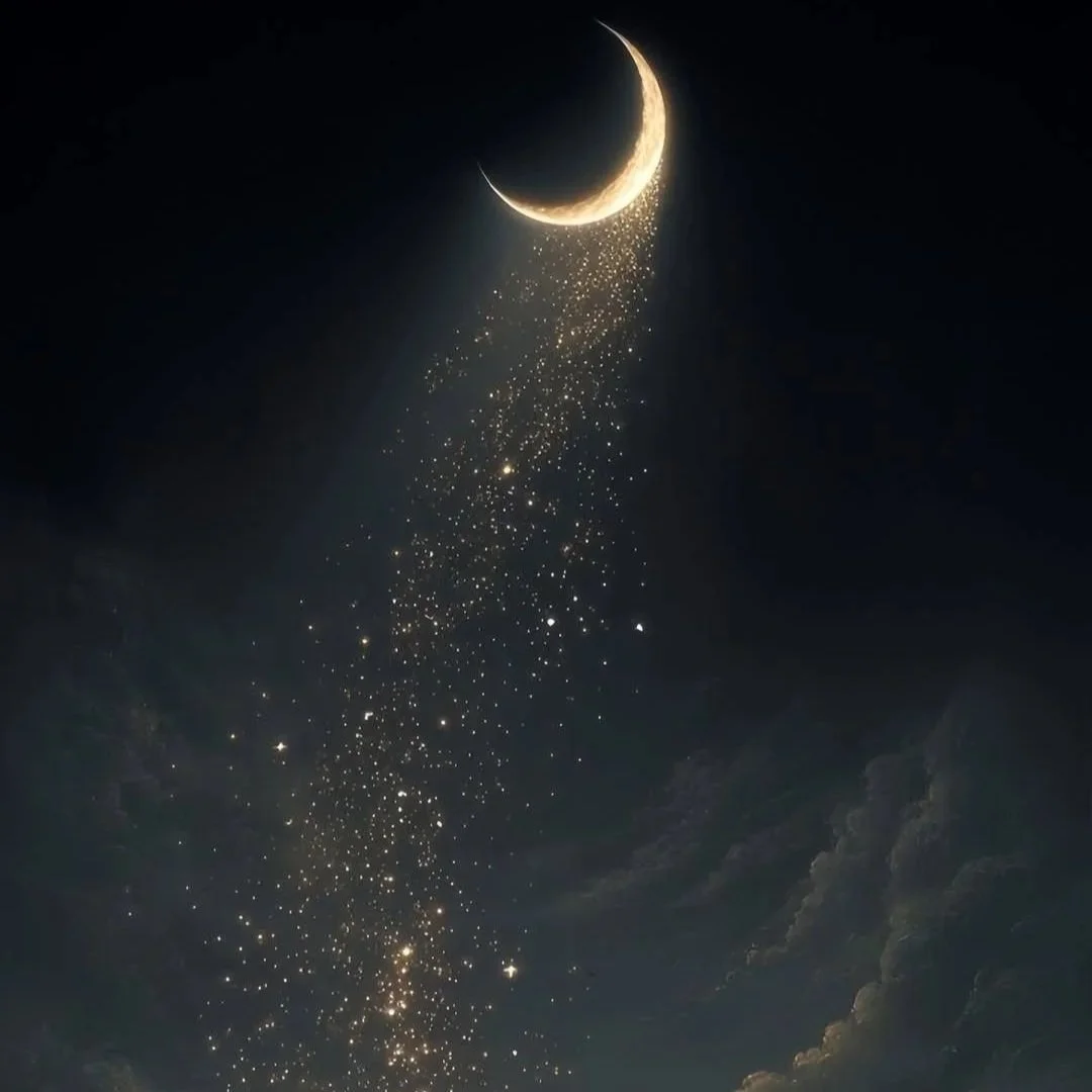 A crescent moon with a trail of glowing stars flowing downward against a dark night sky.
