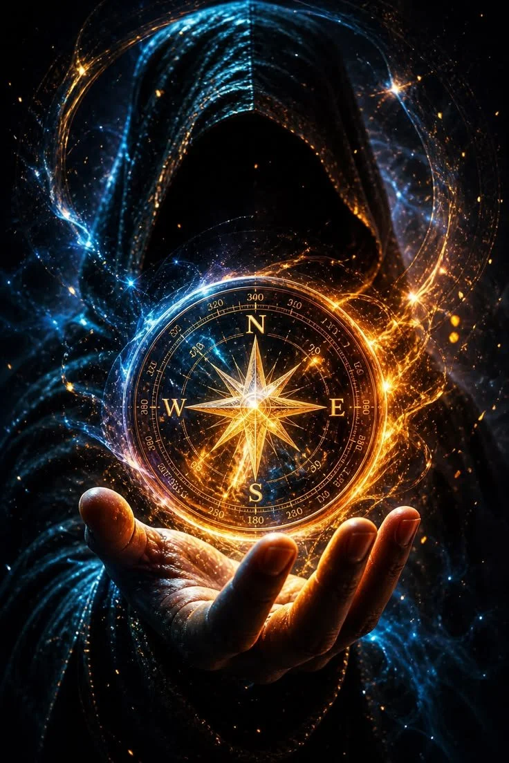 A hand holding a glowing compass with blue and orange light trails surrounding it in a dark background.