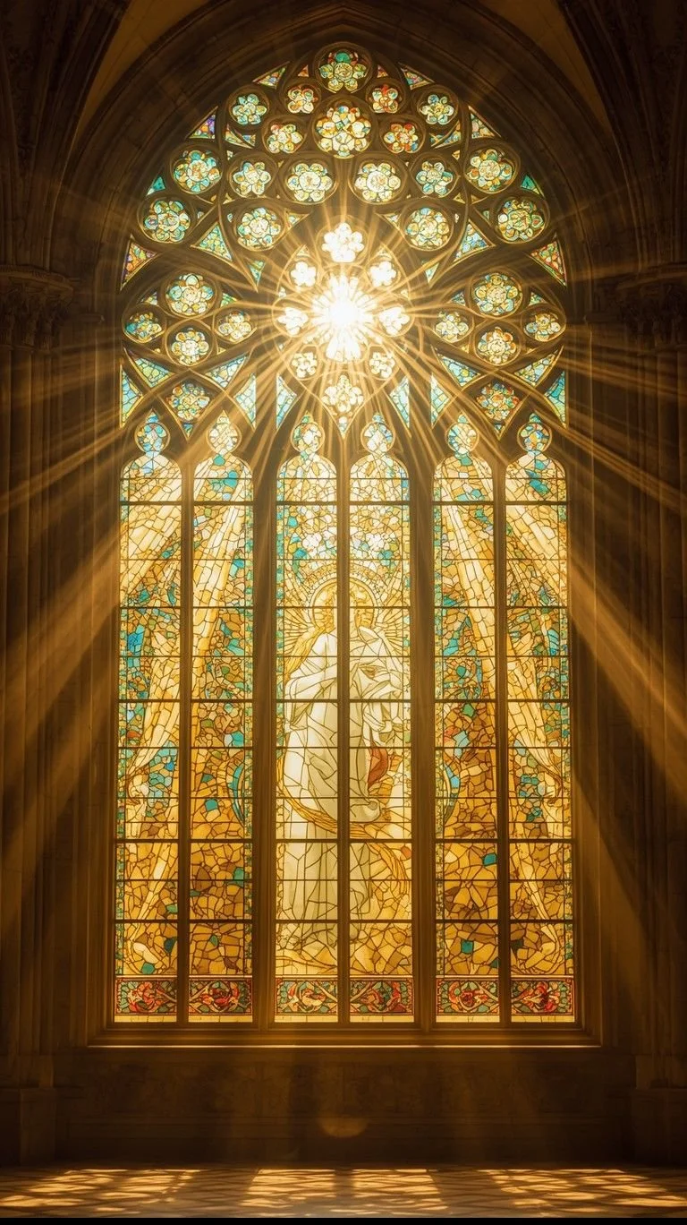 Sunlight streaming through a stained glass window in a church, illuminating intricate colored glass designs and casting patterns of light on the floor.