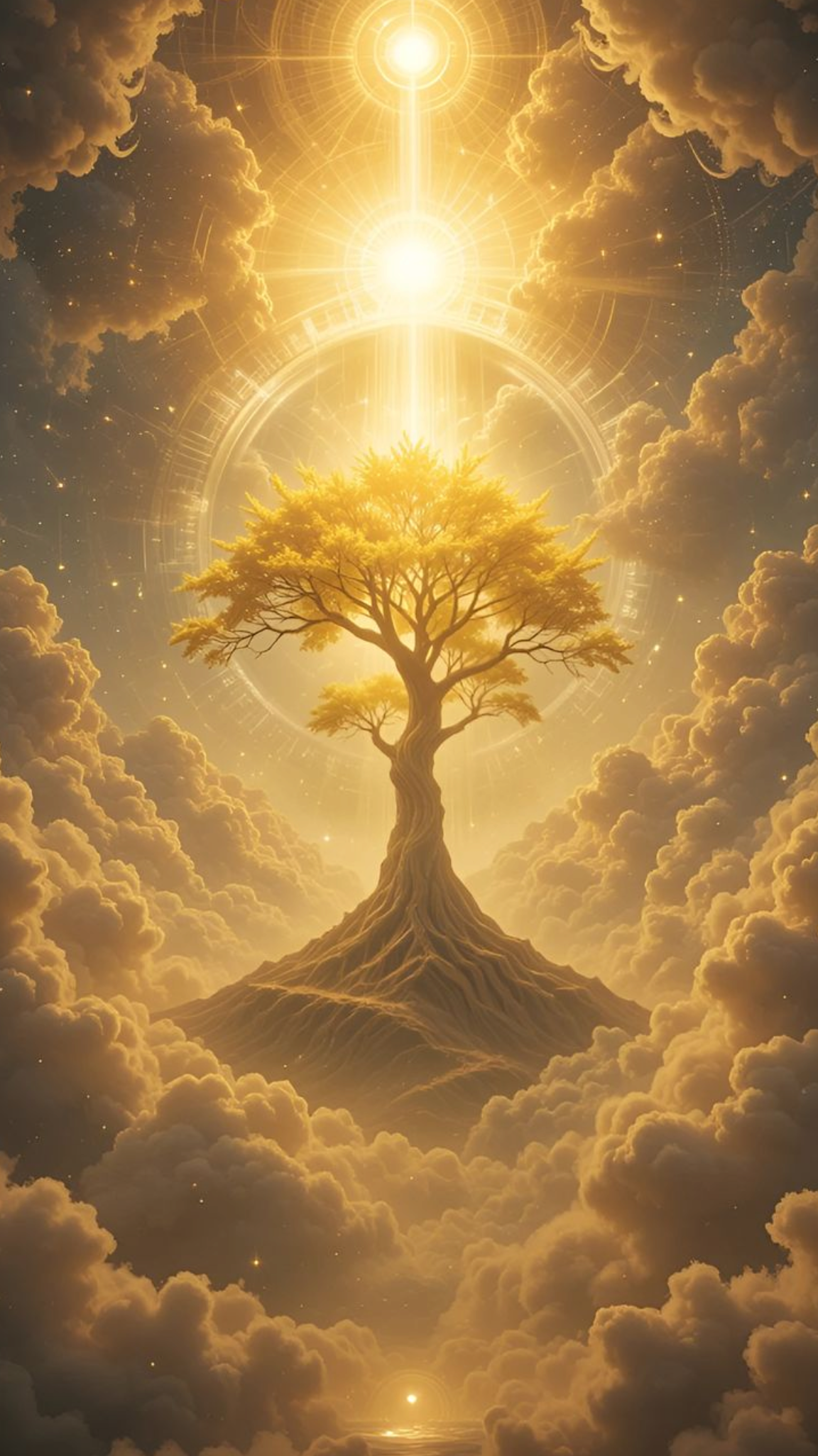 A glowing tree is floating in the sky amidst clouds, with a bright radiant light above it and cosmic elements surrounding it, creating a mystical and celestial scene.