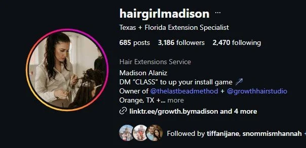 Instagram profile of hair girl madison showcasing hair extension services in Texas and Florida, with a profile picture of a woman receiving hair extensions.