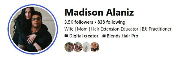 Social media profile of Madison Alaniz featuring a woman with long dark hair and a man with glasses, both posing together.