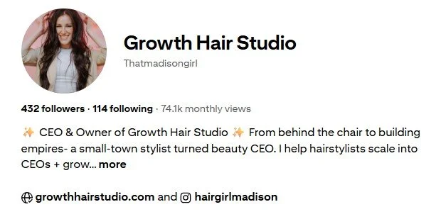 Instagram profile of Growth Hair Studio featuring a woman with long brown hair smiling, with follower count, followings, views, and social media links.
