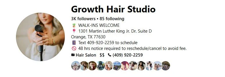 Instagram profile for Growth Hair Studio showing a profile picture of a woman holding a hairbrush, with business details including address, phone number, services, and a series of profile icons.
