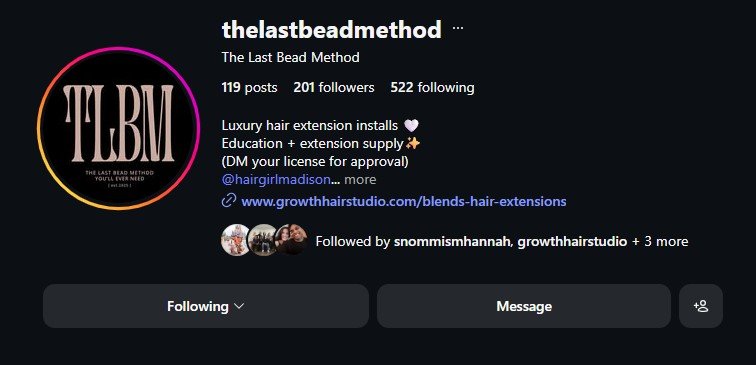 Instagram profile for the last bead method, a hair extension business. The profile features a black and pink logo with white text, and mentions luxury hair extensions and education. The bio encourages DM approval and includes a link to a hair extension studio website.