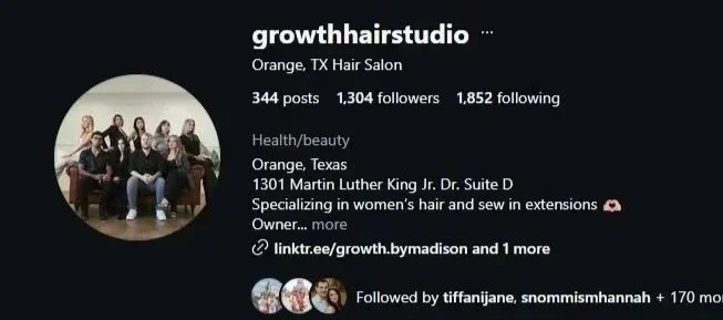 Instagram profile display for growthairstudio, a hair salon in Orange, Texas, featuring a group photo of staff and salon details.