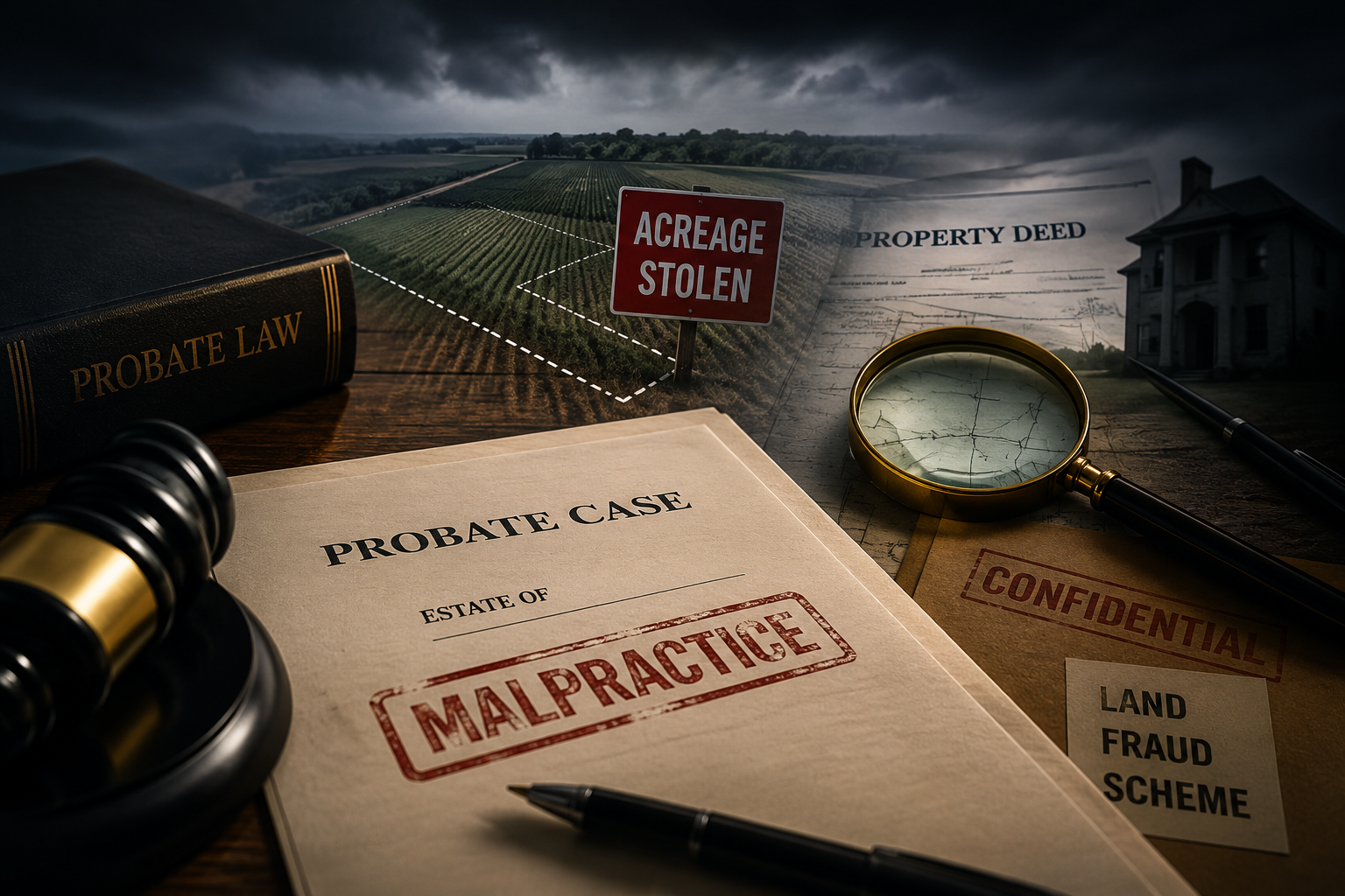 Legal documents on a desk, including a probate case file marked 'malpractice,' a magnifying glass, a pen, a book labeled 'Probate Law,' and a sign indicating 'Acreage Stolen,' with a background of a rural property and a stormy sky.