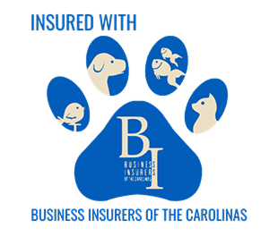 A blue paw print logo with text that reads 'Insured with Business Insurance of the Carolinas.'