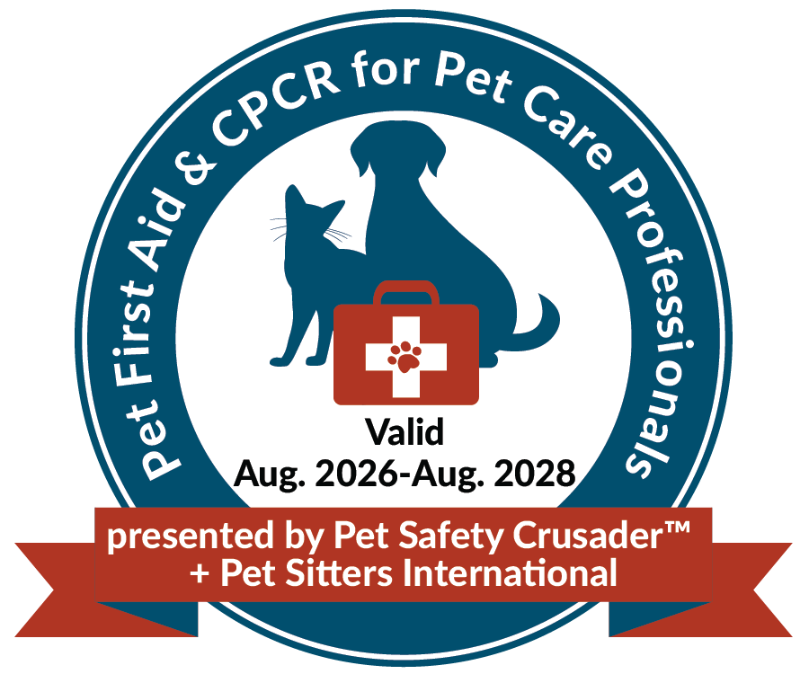 A circular badge with a blue border and white background.The text around the badge states it is for Pet First Aid & CPR for Pet Care Professionals, valid from August 2026 to August 2028, presented by Pet Safety Crusader and Pet Sitters International.
