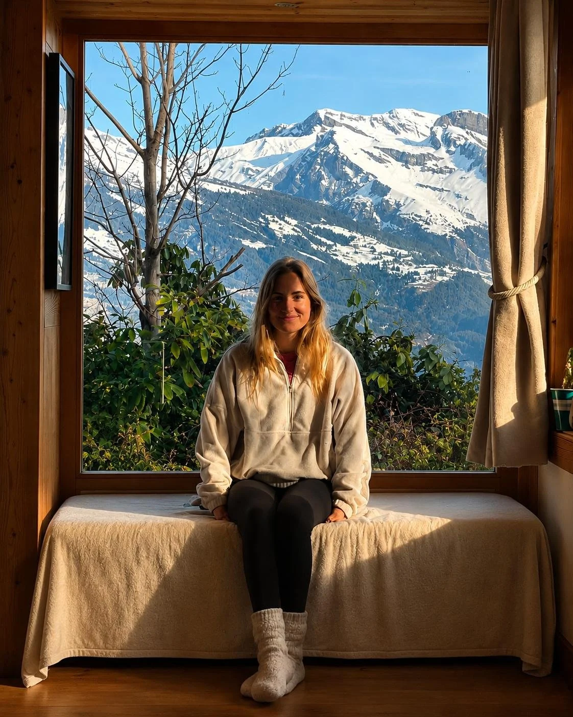 Anna sitzt an einem Fenster mit verschneiten Bergen im Hintergrund