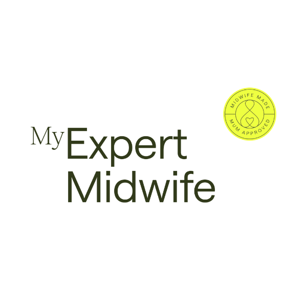 Black background with green text that reads "My Expert Midwife" and a yellow circular badge with a heart symbol and the text "Midwife Made Mum Approved."
