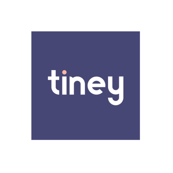 Logo with the word "tiney" in white lowercase letters on a dark purple background.