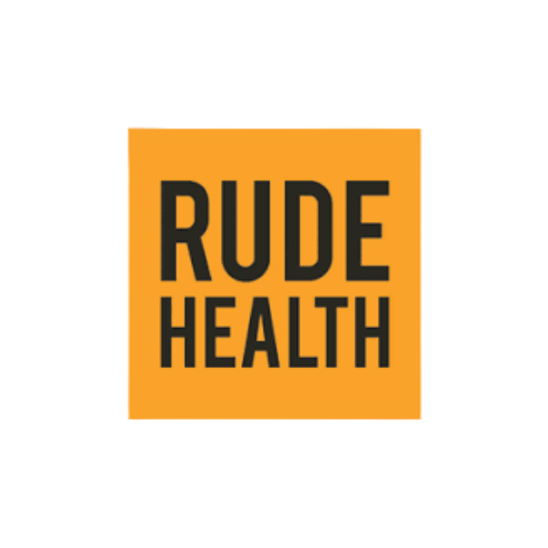 Rude Health logo where the words 'Rude Health' are in black bold caps inside an orange square shape