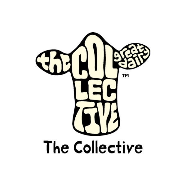 The Collective logo in the shape of a cow's head with the word 'The' inside the left ear, the word 'COLLECTIVE' inside the face and the words 'great dairy' inside the right ear.  The words are in a cream colour on a black background