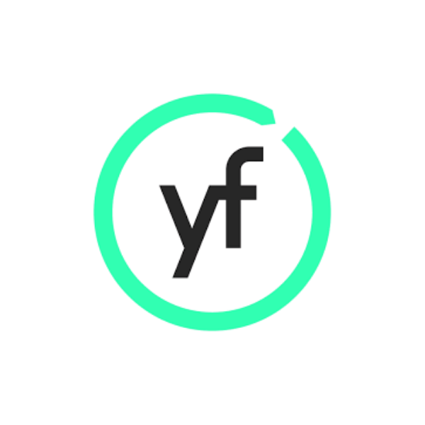 YF Logo with lowercase letters 'yf' inside a teal circular outline on a black background.