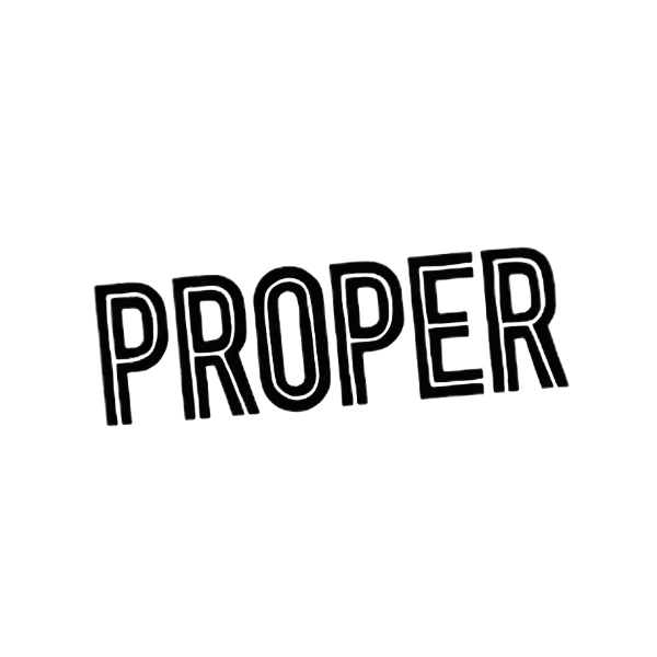 The logo for Proper Snacks. The word "PROPER" is displayed in black, stylised text on a dark background.
