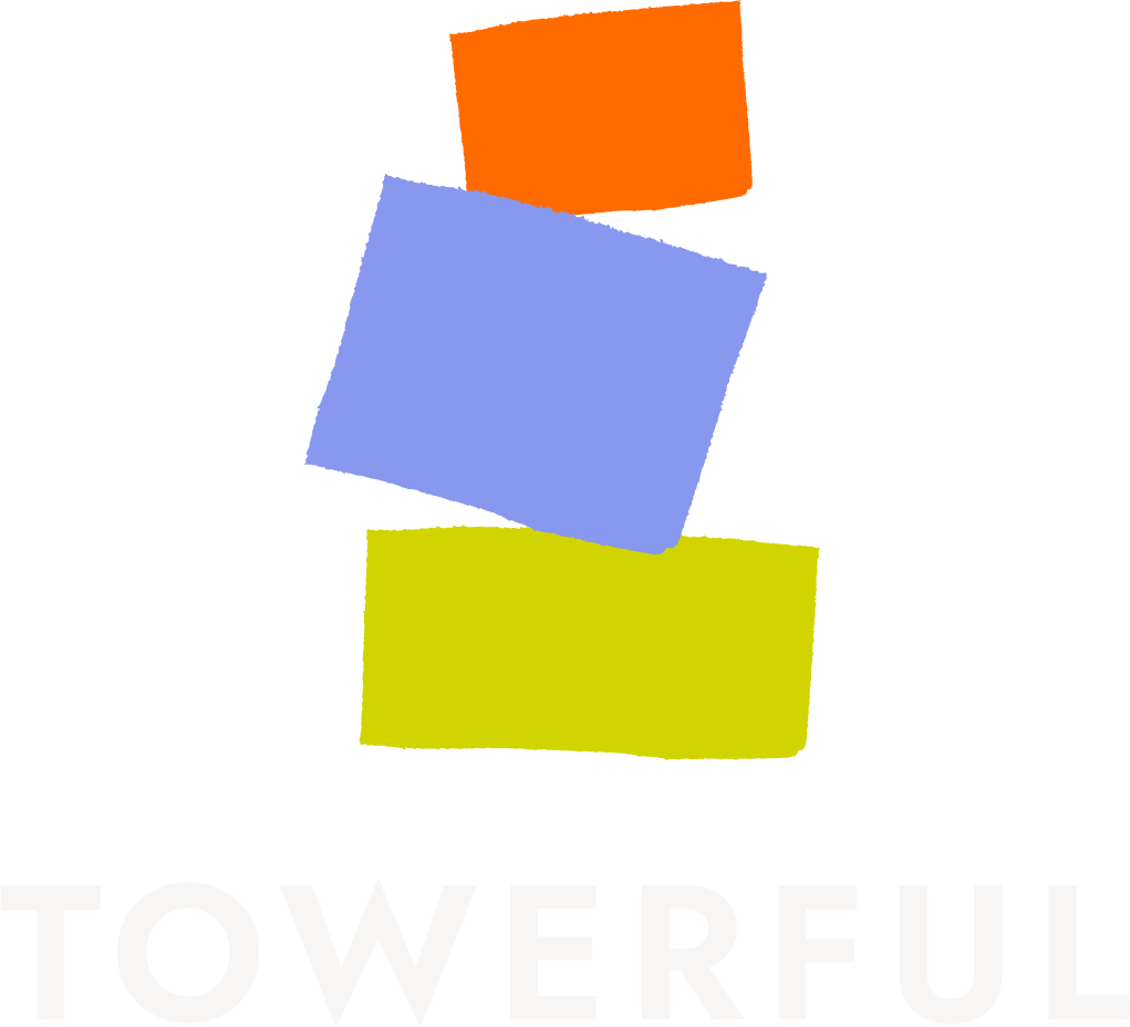 Nuclear symbol with three colorful squares in red, blue, and yellow. "TOWERFUL" written below in bold white letters.