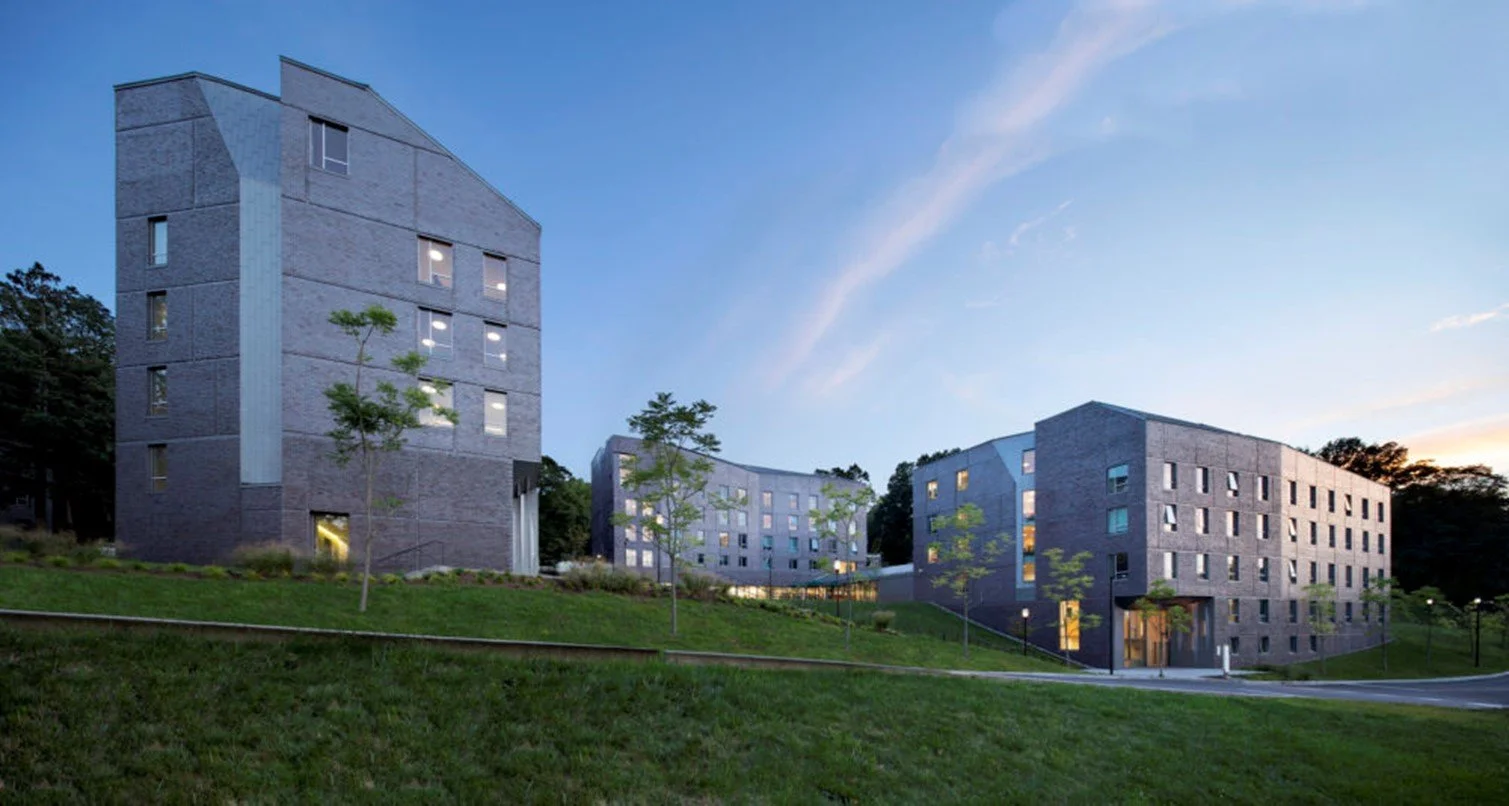 Modern multi-story apartment buildings with small trees in a landscaped area during dusk, with a clear sky.