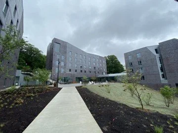 Modern gray buildings with a walkway and landscaped greenery in front, overcast sky.