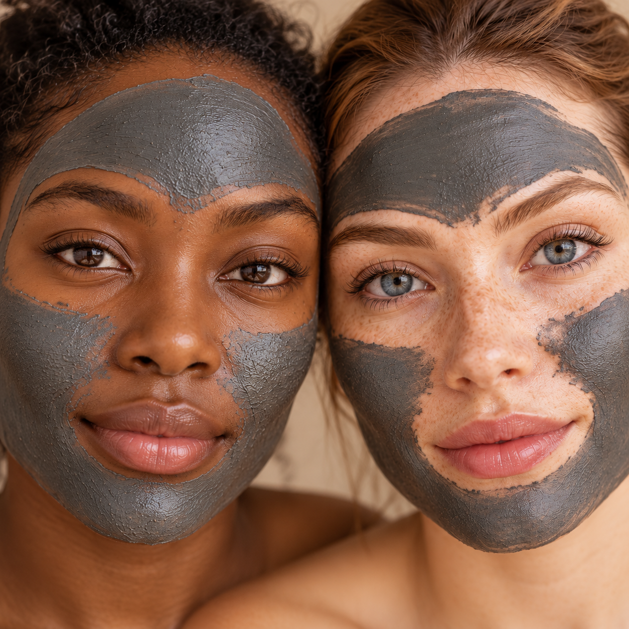 Two women with different complexions wearing charcoal-gray clay facial masks