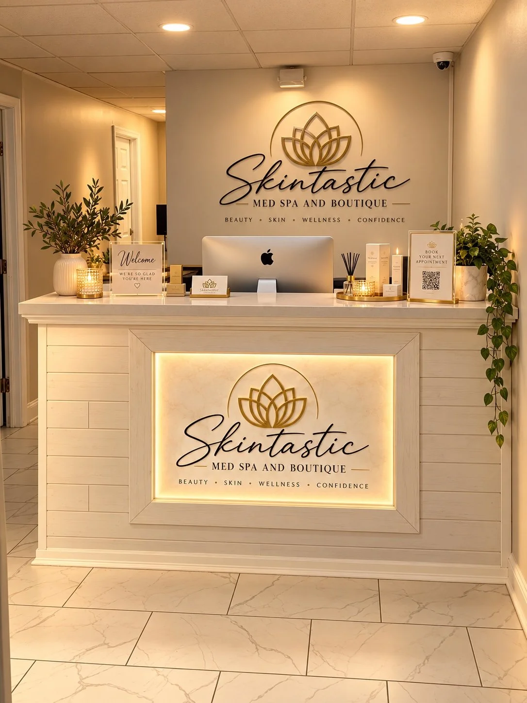 Skintastic Spa Boutique reception desk with gold lotus branding and a welcoming interior