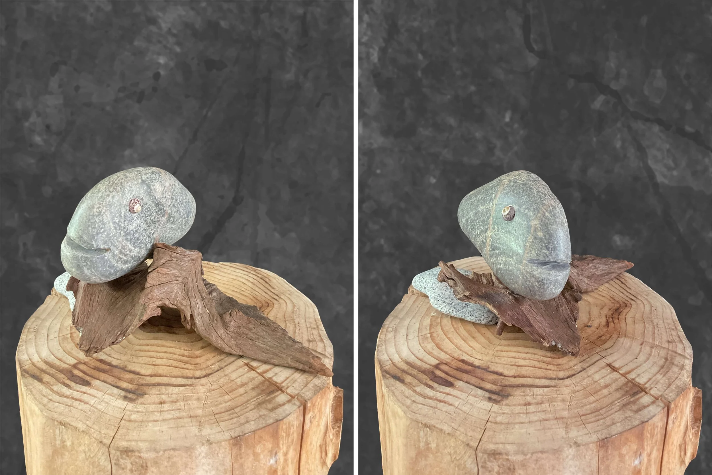 Fisch 12, H 13 x B 17 x T 20 cm, Strandkiesel auf Holz aus Namibia