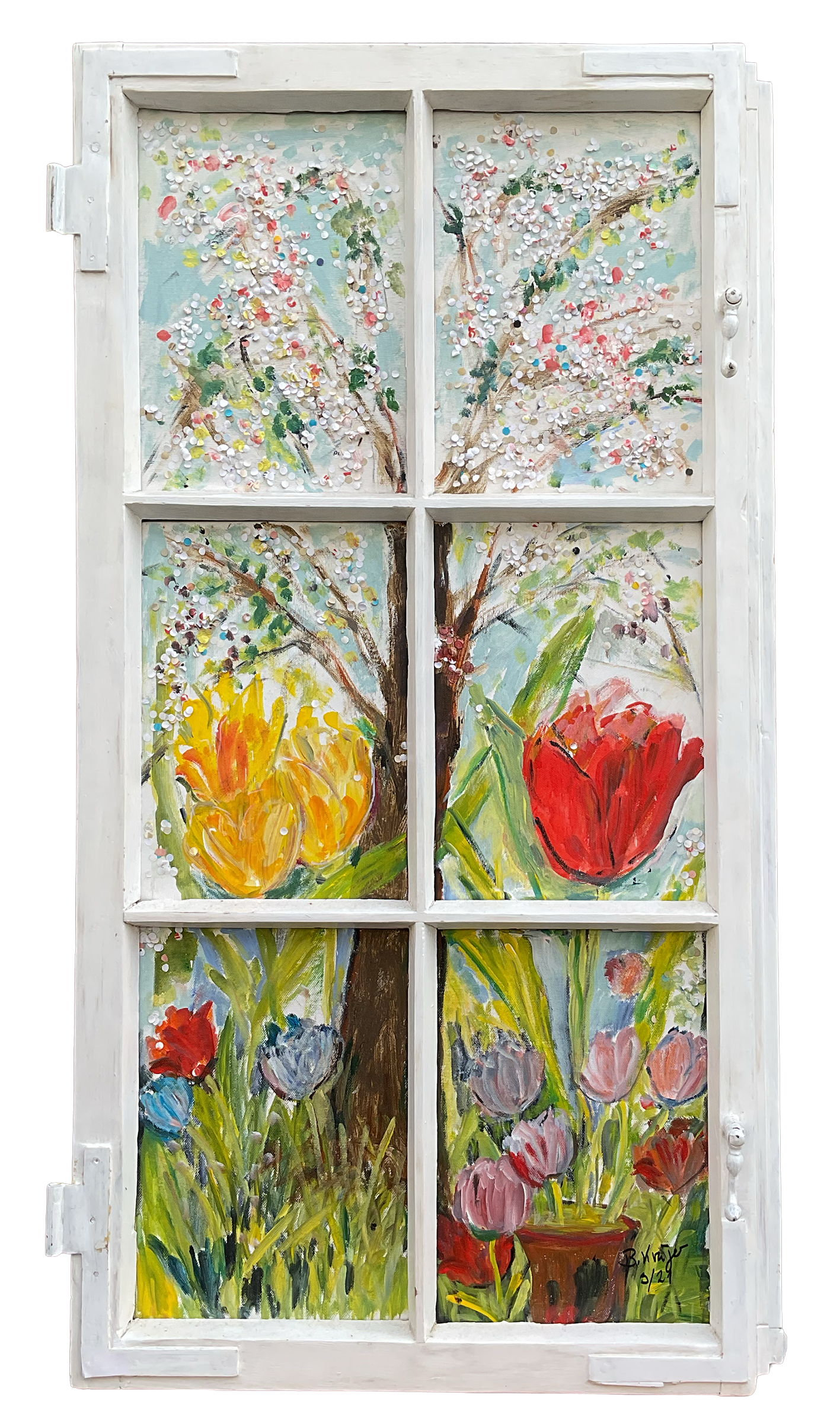 Gemälde einer bunten Frühlingsgartenlandschaft mit Blumen und Bäumen, in einem weißen Holzrahmen.