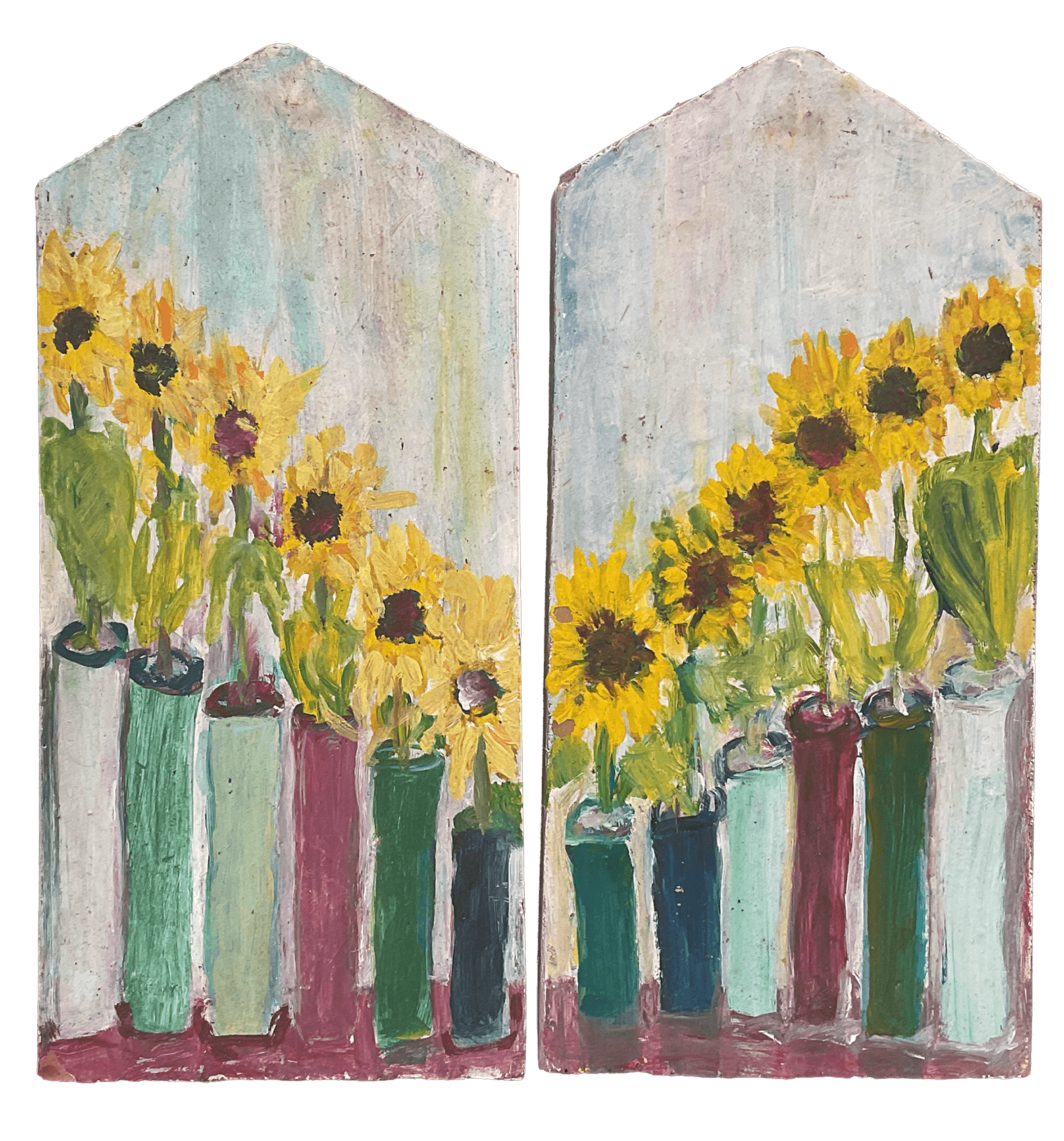 Sonnenblumen, ca. 17 x 39, Acryl auf Dachziegel mit Tiefgrund fixiert