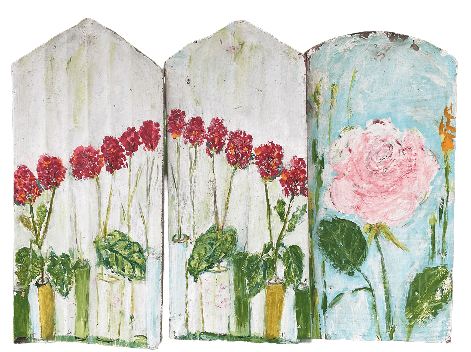 Blumenreihung, je ca. 17 x 39, Acryl auf Dachziegel mit Tiefgrund fixiert