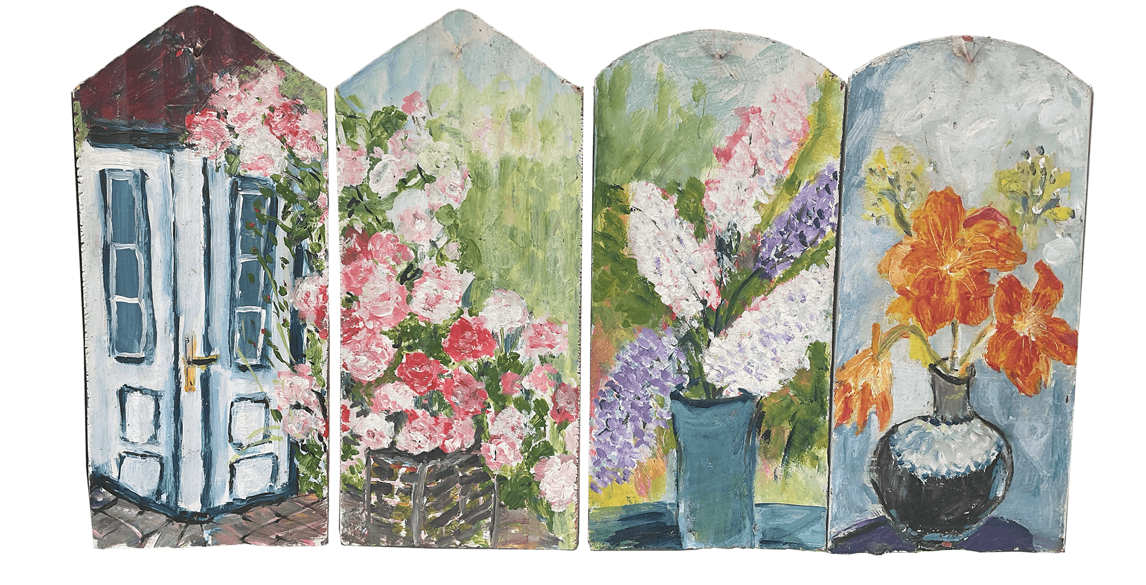 Haus mit Rosen und Flieder, je ca. 17 x 39, Acryl auf Dachziegel 
mit Tiefgrund fixiert