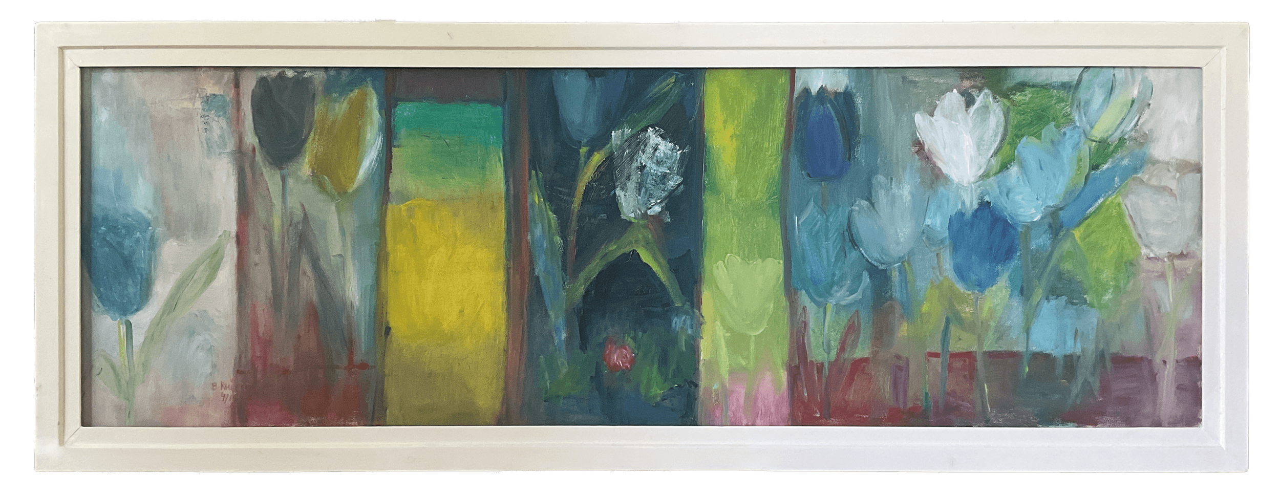 Viele blaue Tulpen, 127 x 45 cm, Öl