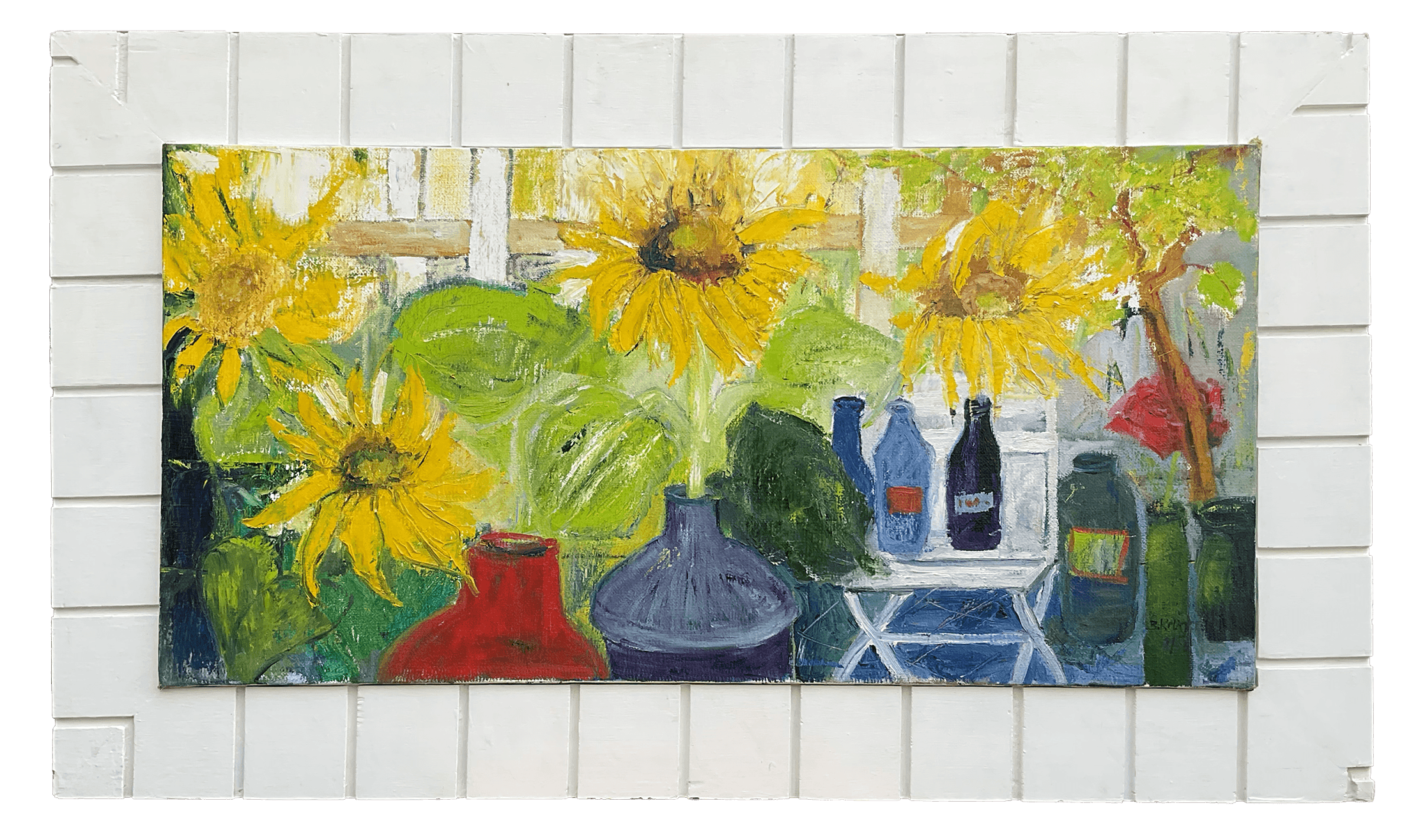 Gartenidylle mit Sonnenblumen, 146 x 86 cm, Acryl