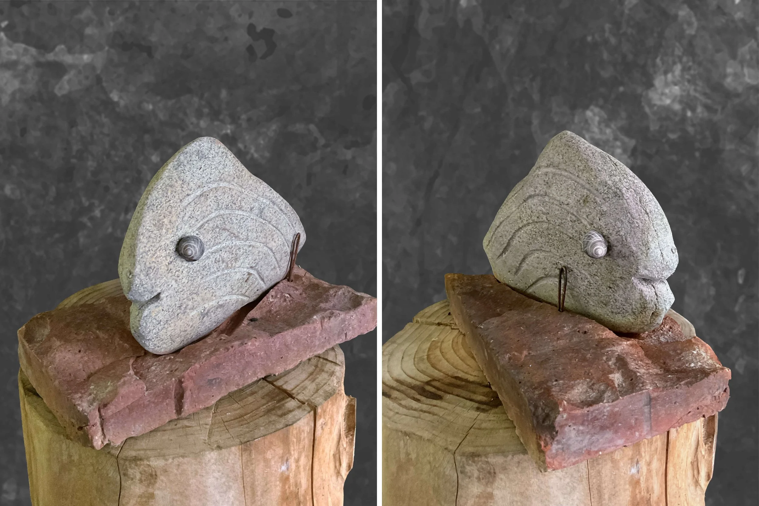 Fisch 33, H 17 x B 12 x T 25 cm, Granit auf Ziegel