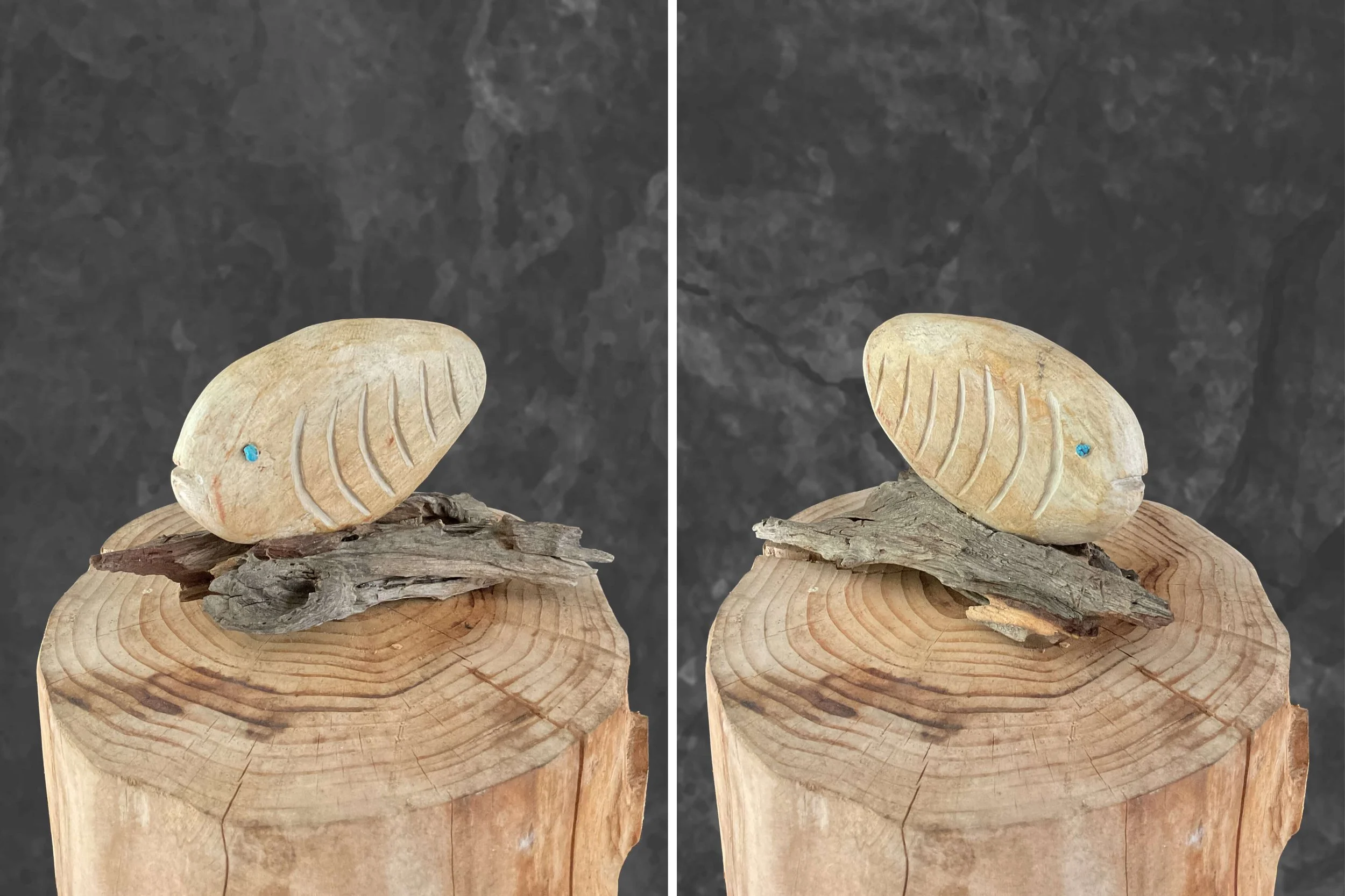 Fisch 06, H 13 x B 11 x T 23 cm, Stein und Holz aus Namibia