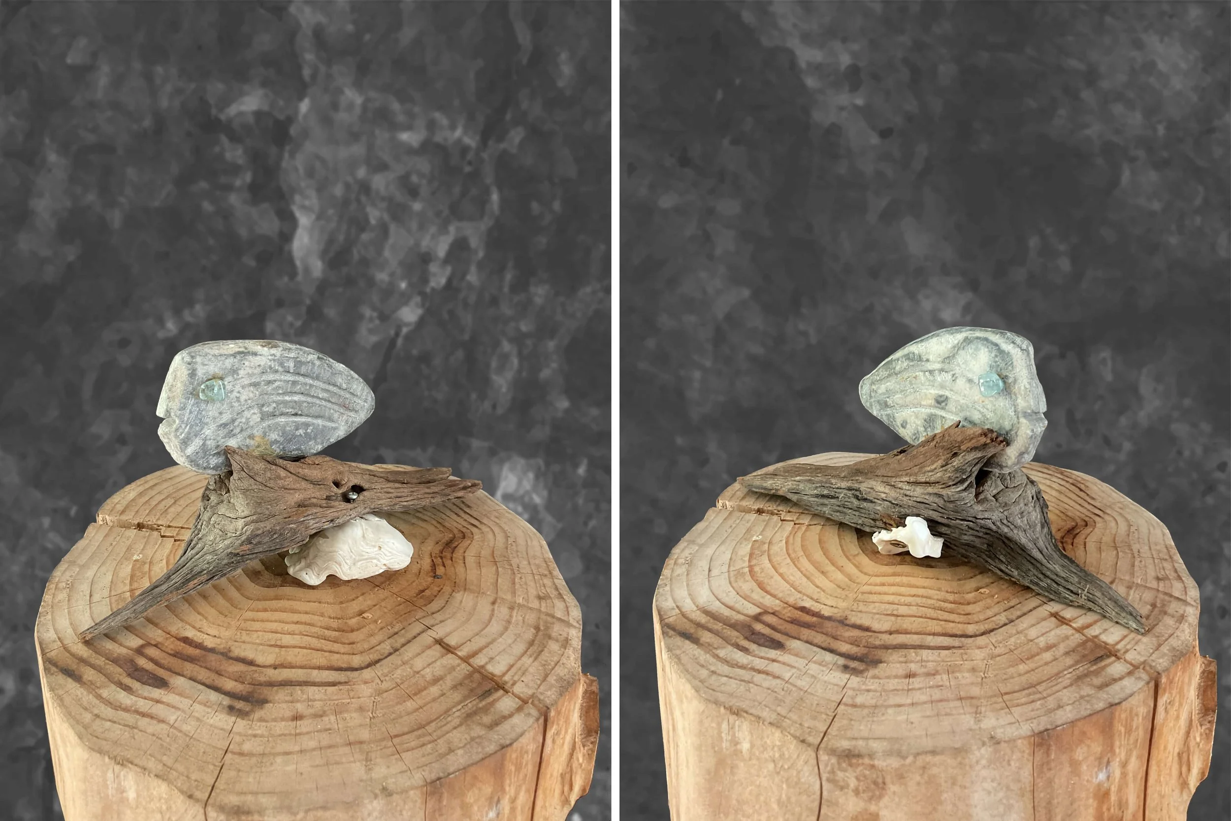 Fisch 08, H 12 x B 9 x T 23 cm, Stein, Holz und Austernschale aus Namibia