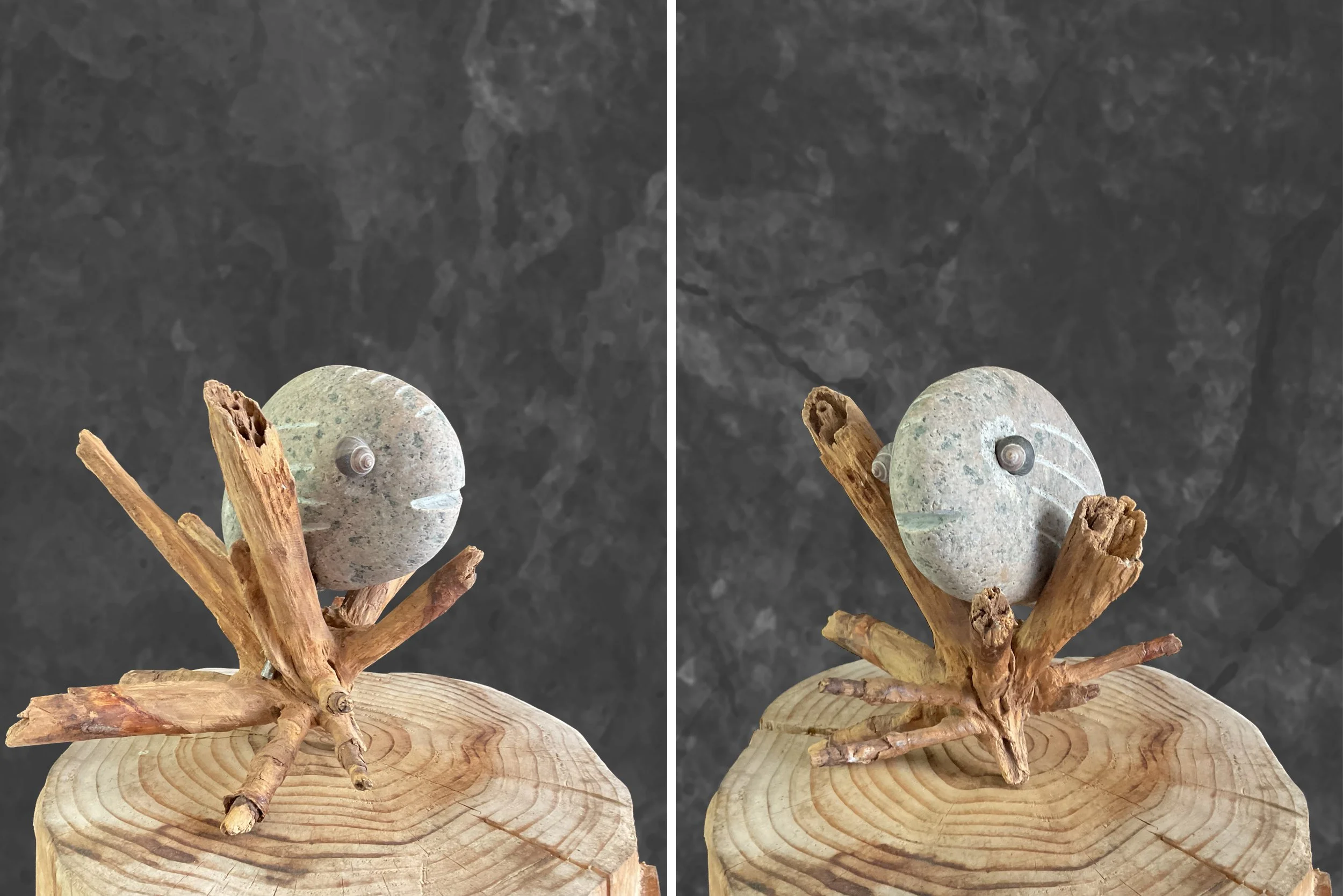 Ein kunstvoll gestalteter Steinkopf mit Muscheln als Augen, umgeben von trockenem Holz auf einem runden Holzblock.
