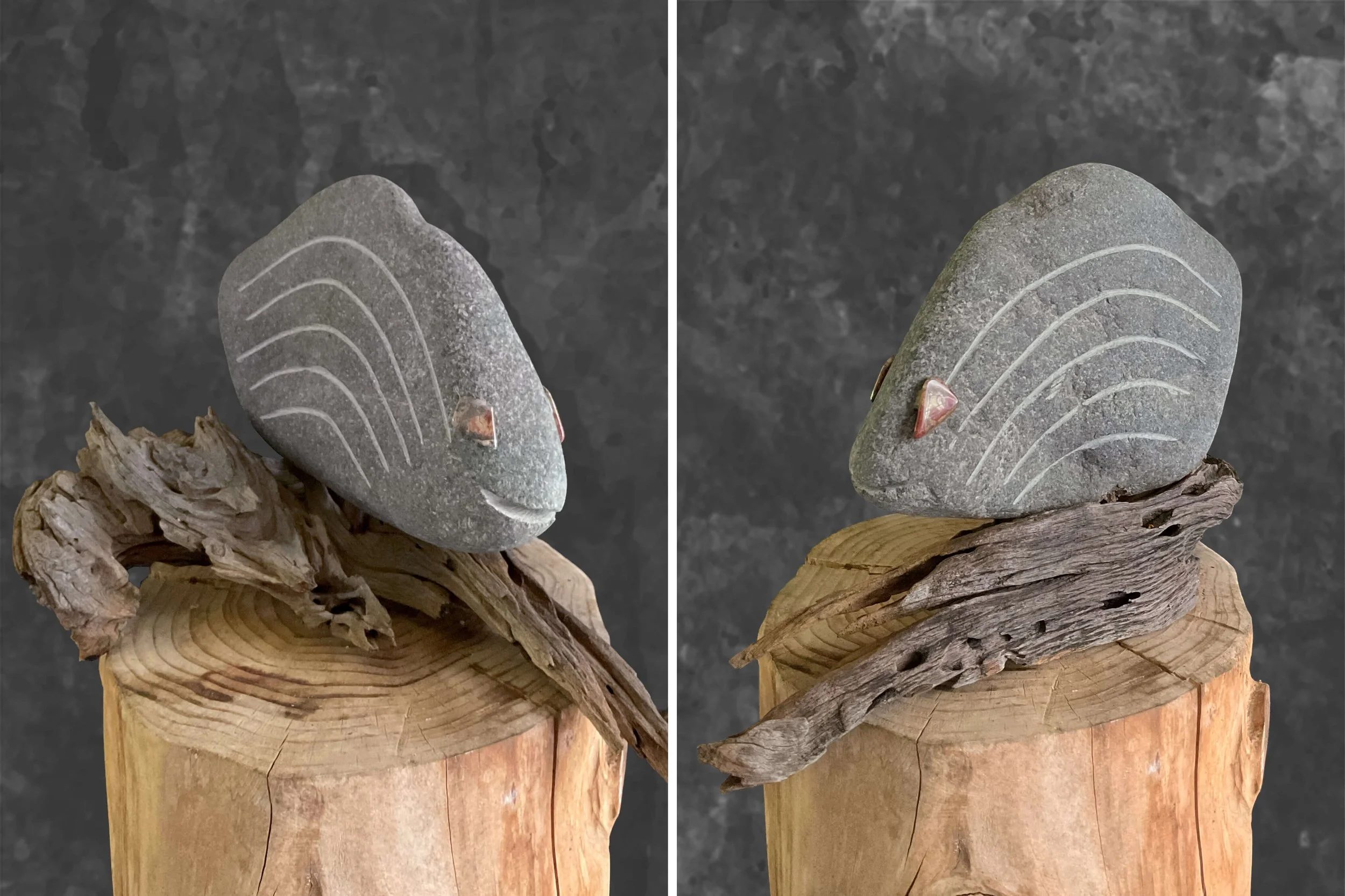 Fisch 34, H 23 x B 20 x T 34 cm, Granit auf Holz aus Namibia