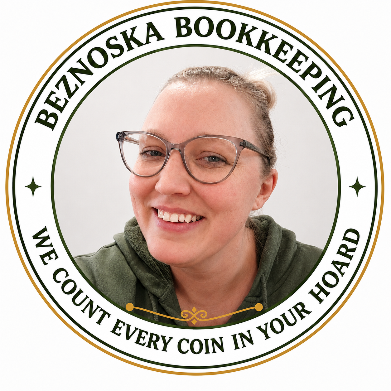 A woman smiling wearing glasses, surrounded by a circular border that says "BEZNOSKA BOOKKEEPING" and "WE COUNT EVERY COIN IN YOUR HOARD".