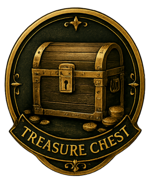 A round sign with a treasure chest and coins, labeled "Treasure Chest."