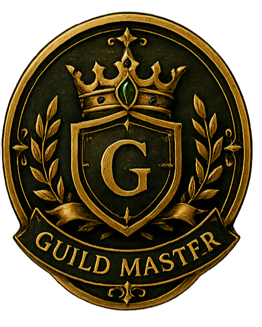 Gold emblem with a crown, shield with letter G, laurel branches, and the words 'GUILD MASTER'