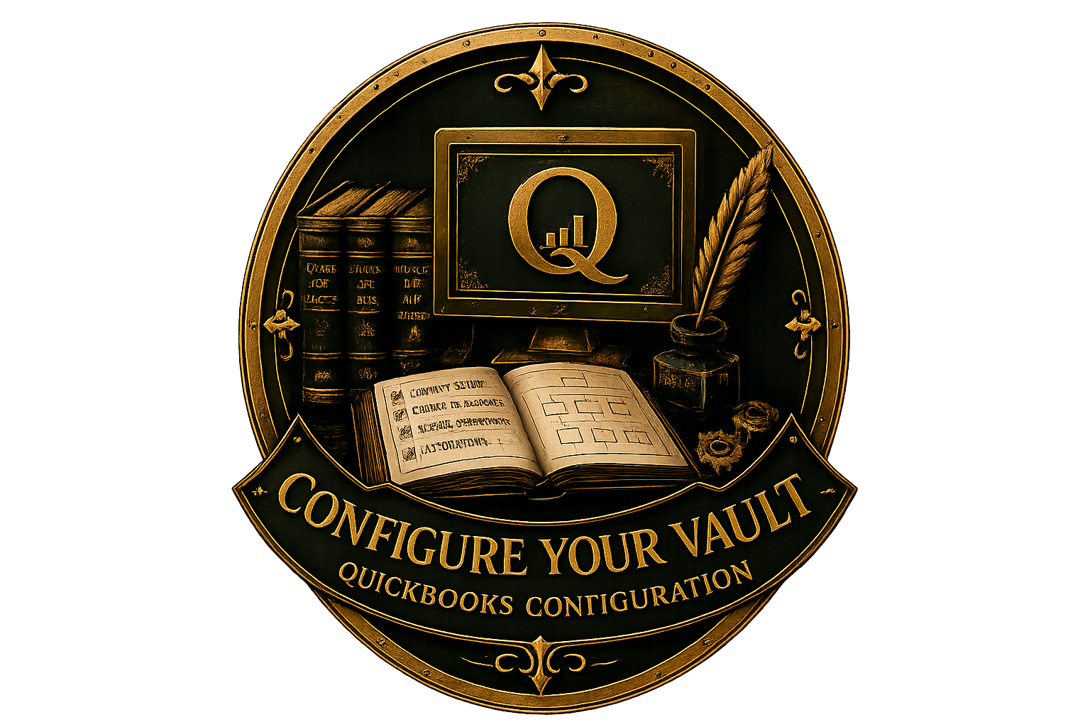 A decorative emblem with a gold and black color scheme promoting QuickBooks configuration. It features an open book, a computer monitor displaying a Q and a bar graph, a quill, and a pile of books in the background. The banner reads 'Configure Your Vault' and 'QuickBooks Configuration'.