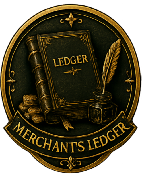 An ornate emblem with a black and gold color scheme, featuring a ledger book labeled "Ledger," a quill in an inkwell, a stack of gold coins, and the words "Merchant's Ledger."
