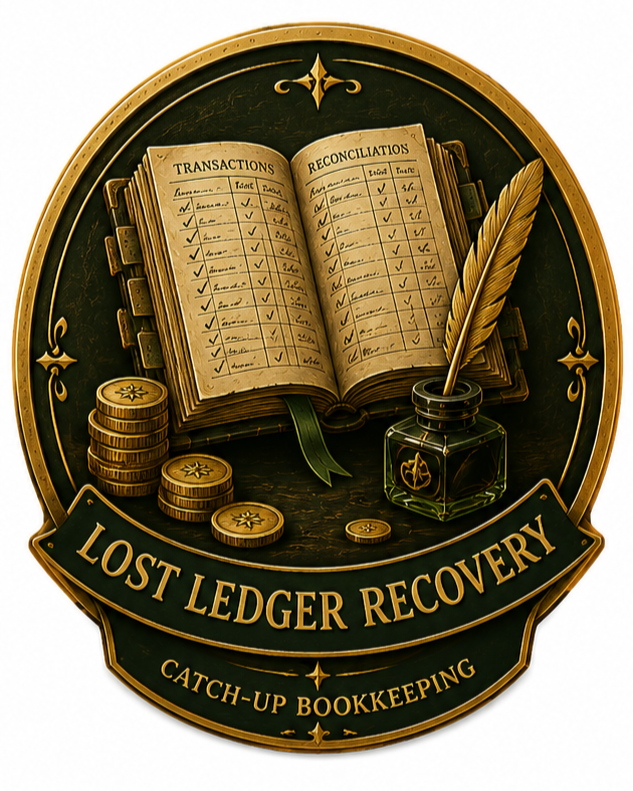 A decorative emblem for lost ledger recovery and catch-up bookkeeping, featuring an open ledger book, stacks of coins, an ink bottle with a quill, and the phrase 'Lost Ledger Recovery' with 'Catch-up Bookkeeping' at the bottom.