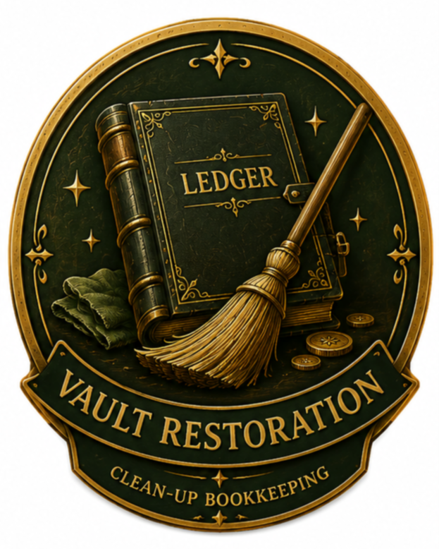 A decorative emblem featuring a ledger book labeled 'Vault,' a broom, a cloth, and coins, with the text 'Vault Restoration' and 'Clean-up Bookkeeping'.